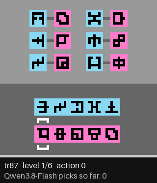 tr87: the open model's own cold clear, frames from the run